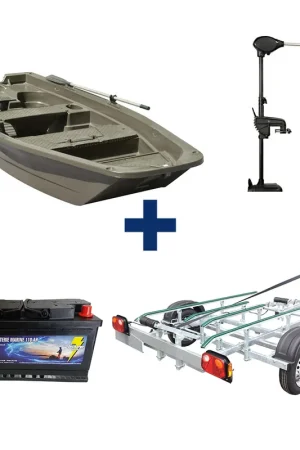 Dernier Modèle Pack Barque 4m + Remorque + Moteur 65 Lbs et Batterie 110 Ah