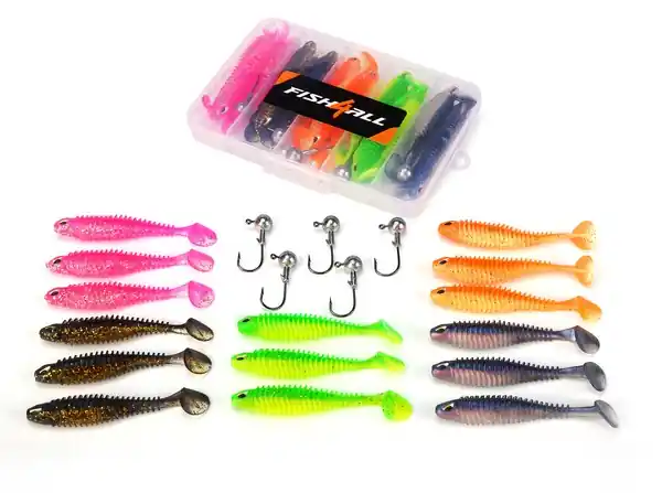 Boîte Leurre Souple Nervuré & Tête Plombée Fish4all (20 pièces) Authentique